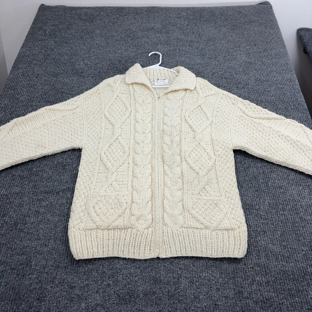 Vintage Hand Knit Cardigan Mens 21.5x29 Ivory Wool Cable Knit Full Zip Rustic